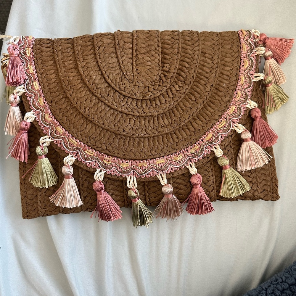 Brown Woven Clutch with Tassels